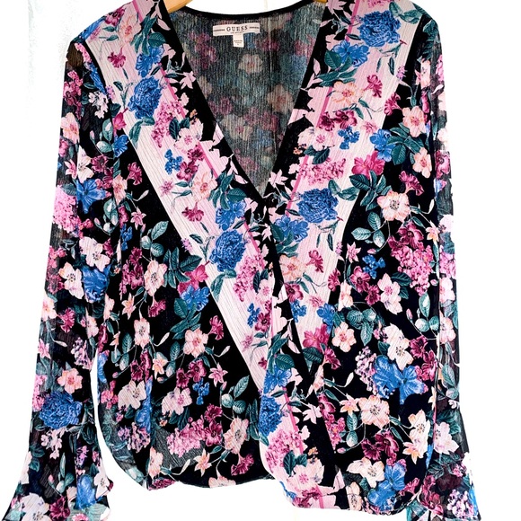 Guess Floral Bell Sleeve Wrap Top L - Picture 1 of 3